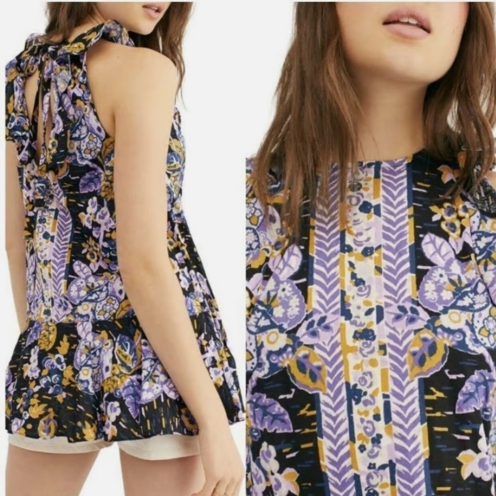 Free People Summer In Tulum Tunic Top Boho Ruffle Purple Combo Sz Sm Linen Blend